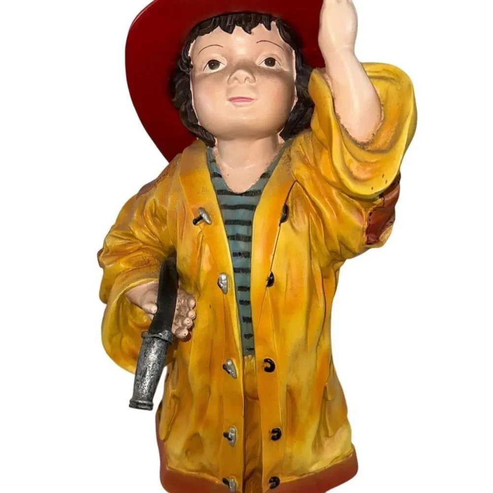 Vintage Boy in Yellow Raincoat‎ Figurine with Red Firefighter Hat cothique
